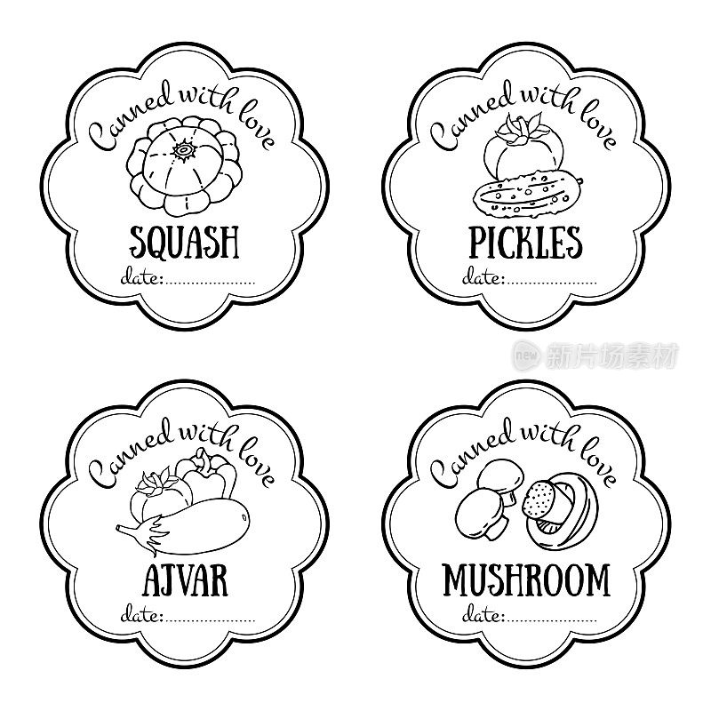 Set of vector labels with hand drawn vegetable. Black and white templates for design can be used as sticker on canned jar, farmers market, organic food store